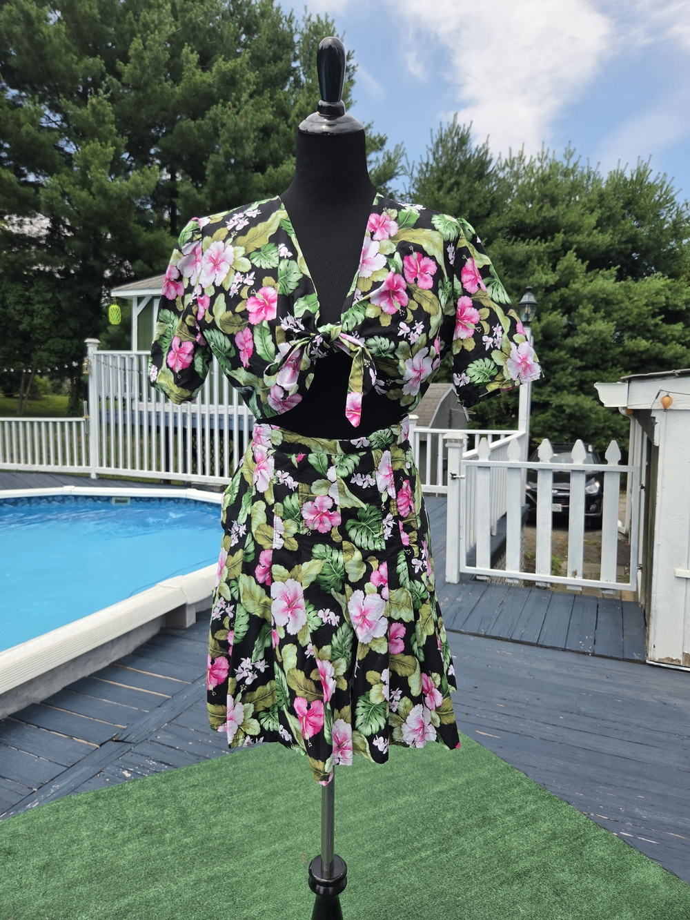 Floral Two-Piece Tie Front Top and Short Set - Black with Pink & Green Hibiscus
